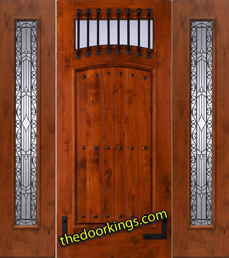 sw64 knotty alder wood door with two iron classic sidelites